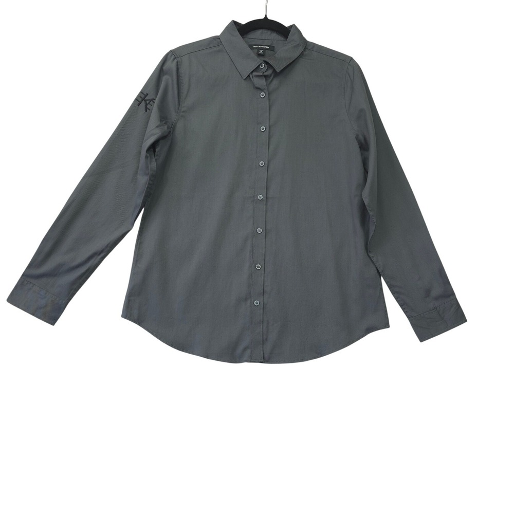 Port Authority Womens Gray Long Sleeve Button Down Shirt Size M Logo Sleeve